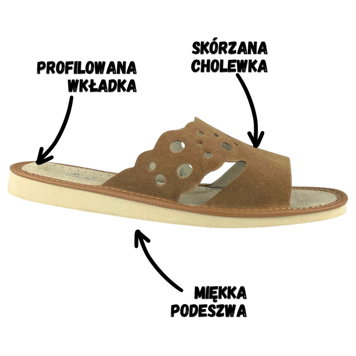 Skórzane pantofle damskie, musztardowe kapcie domowe - numer 375