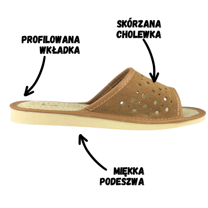 Lekkie ażurowe pantofle damskie skórzane, żółte pantofle damskie domowe - numer 382