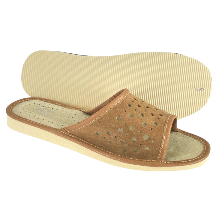 Lekkie ażurowe pantofle damskie skórzane, żółte pantofle damskie domowe - numer 382