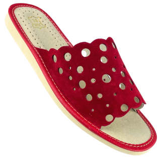 Czerwone, skórzane pantofle damskie, kapcie domowe łapcie dla Pań - numer 405