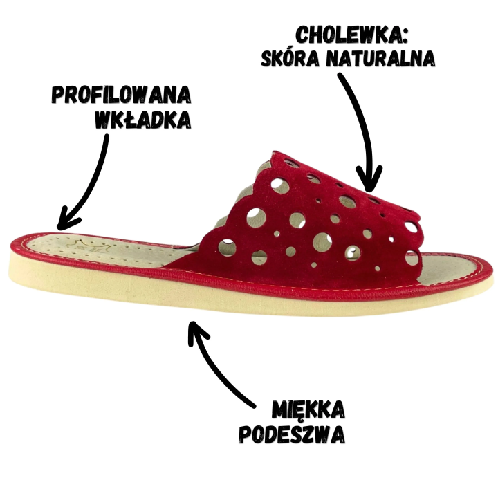 Czerwone, skórzane pantofle damskie, kapcie domowe łapcie dla Pań - numer 405