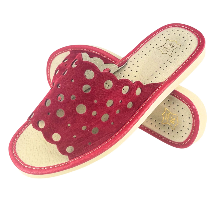 Czerwone, skórzane pantofle damskie, kapcie domowe łapcie dla Pań - numer 405