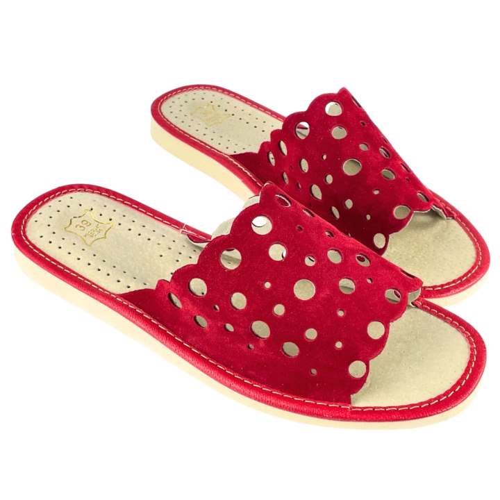 Czerwone, skórzane pantofle damskie, kapcie domowe łapcie dla Pań - numer 405