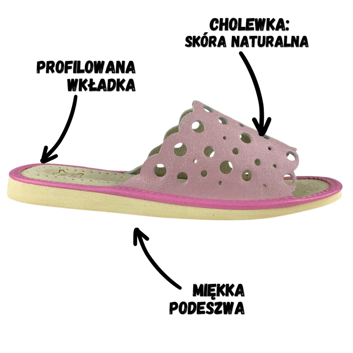 EDYCJA LIMITOWANA - Skórzane pantofle damskie w kolorze pudrowego różu - numer L002