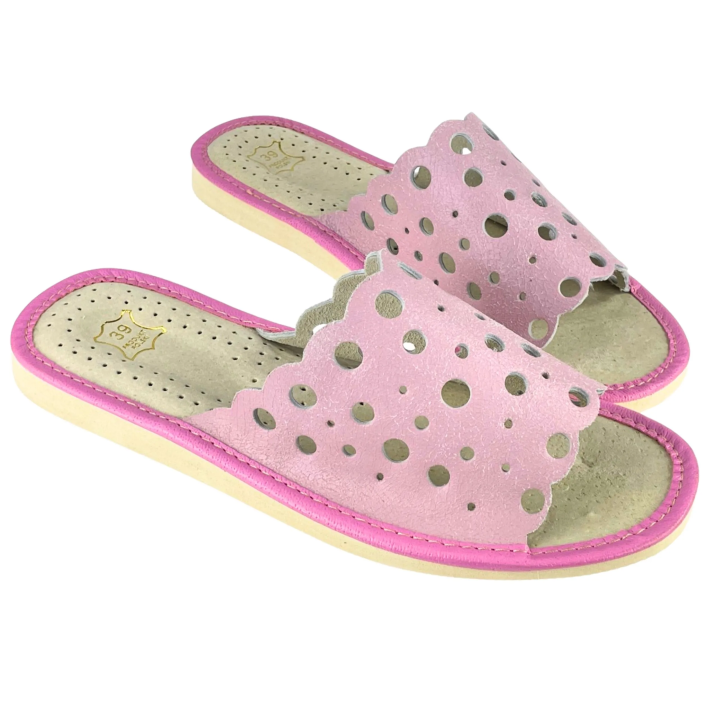 EDYCJA LIMITOWANA - Skórzane pantofle damskie w kolorze pudrowego różu - numer L002