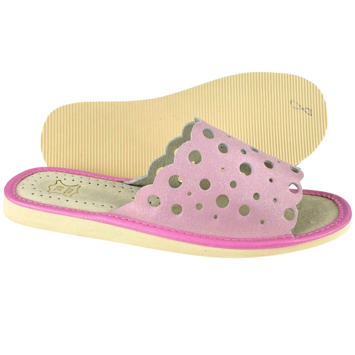 EDYCJA LIMITOWANA - Skórzane pantofle damskie w kolorze pudrowego różu - numer L002