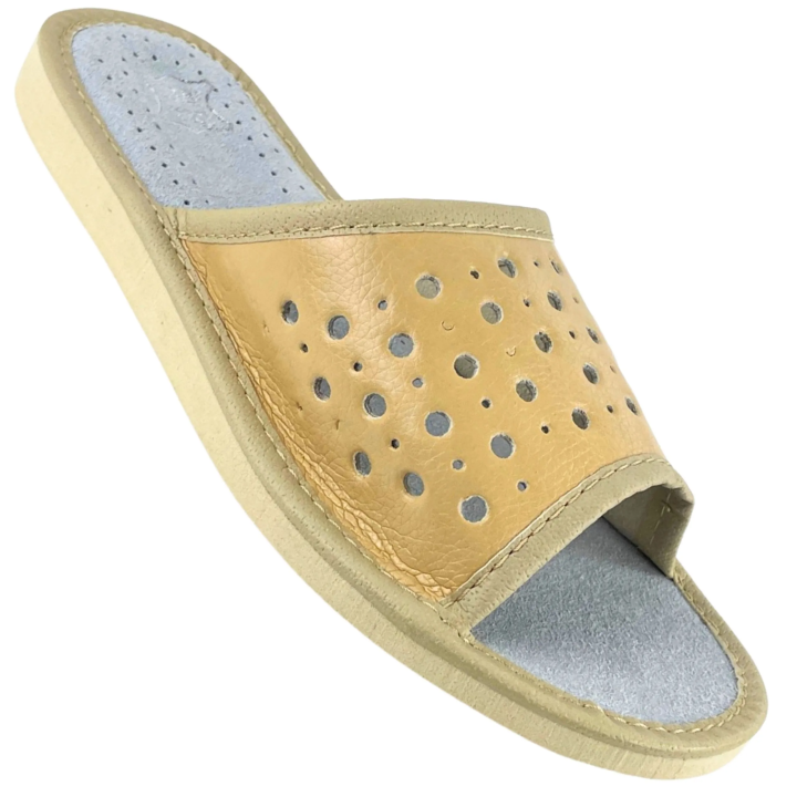 Kapcie damskie na lato, skórzane pantofle damskie beżowe- numer 433