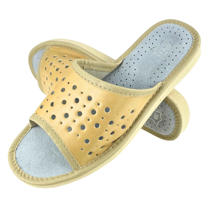 Kapcie damskie na lato, skórzane pantofle damskie beżowe- numer 433