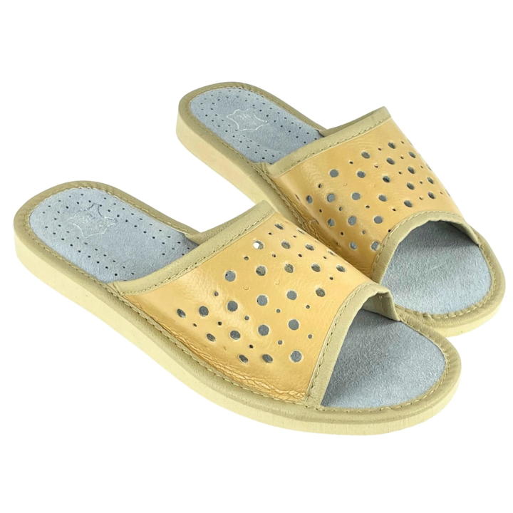 Kapcie damskie na lato, skórzane pantofle damskie beżowe- numer 433