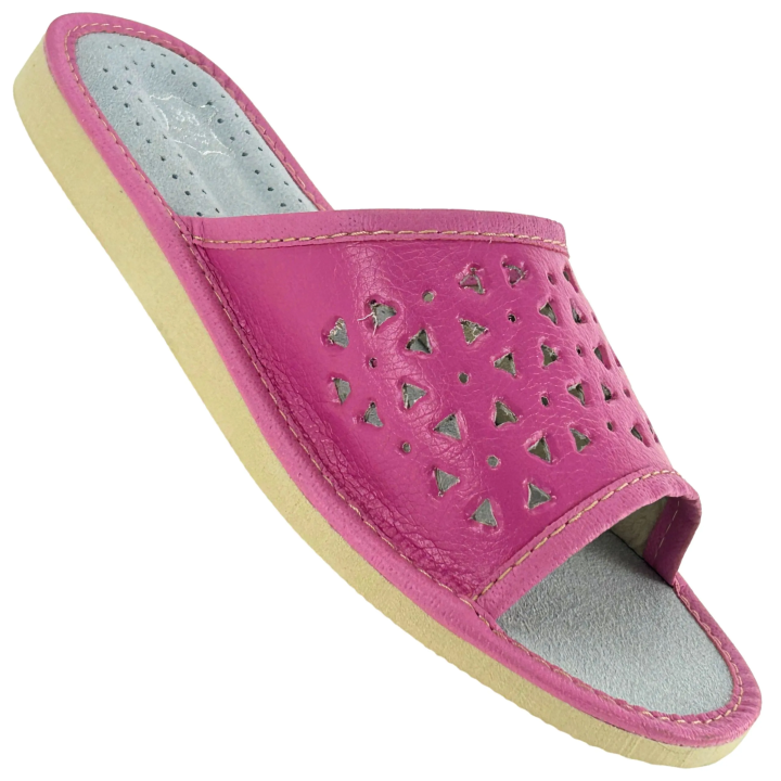 Różowe kapcie damskie ze skórzaną wkładką Pantofle domowe damskie - numer 462