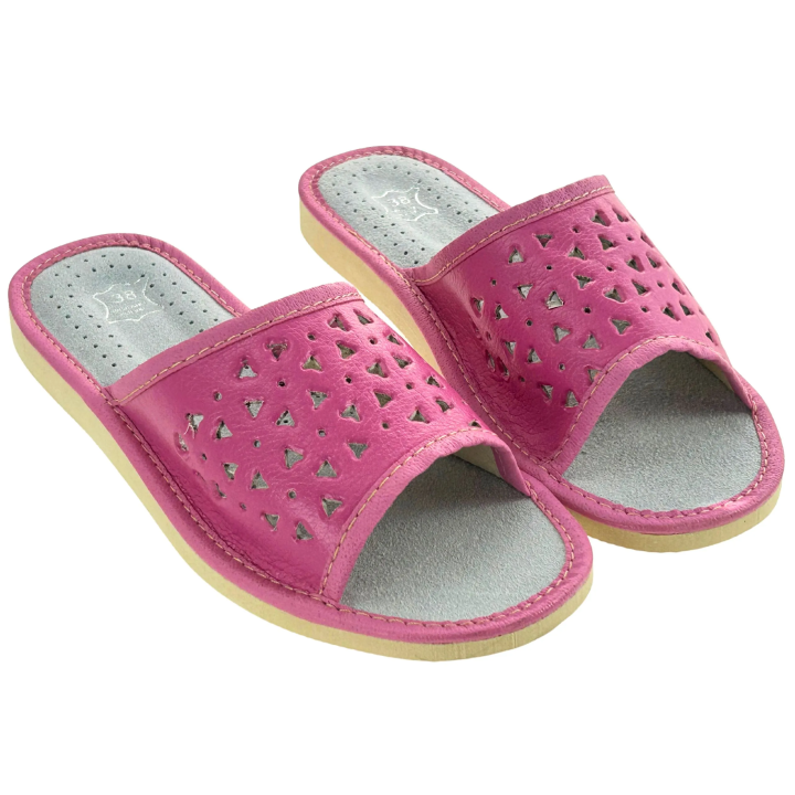 Różowe kapcie damskie ze skórzaną wkładką Pantofle domowe damskie - numer 462