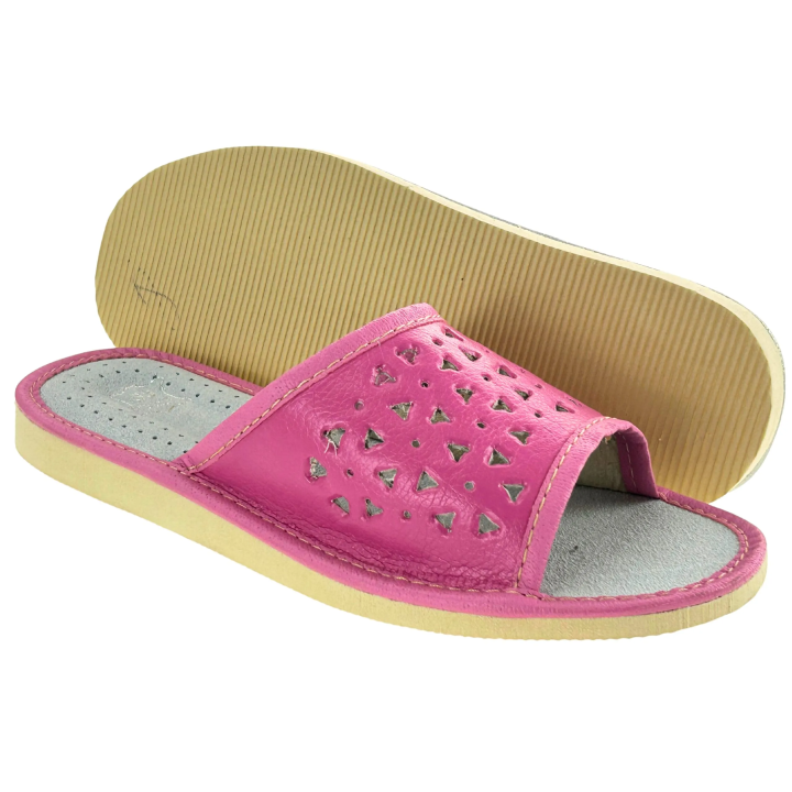 Różowe kapcie damskie ze skórzaną wkładką Pantofle domowe damskie - numer 462