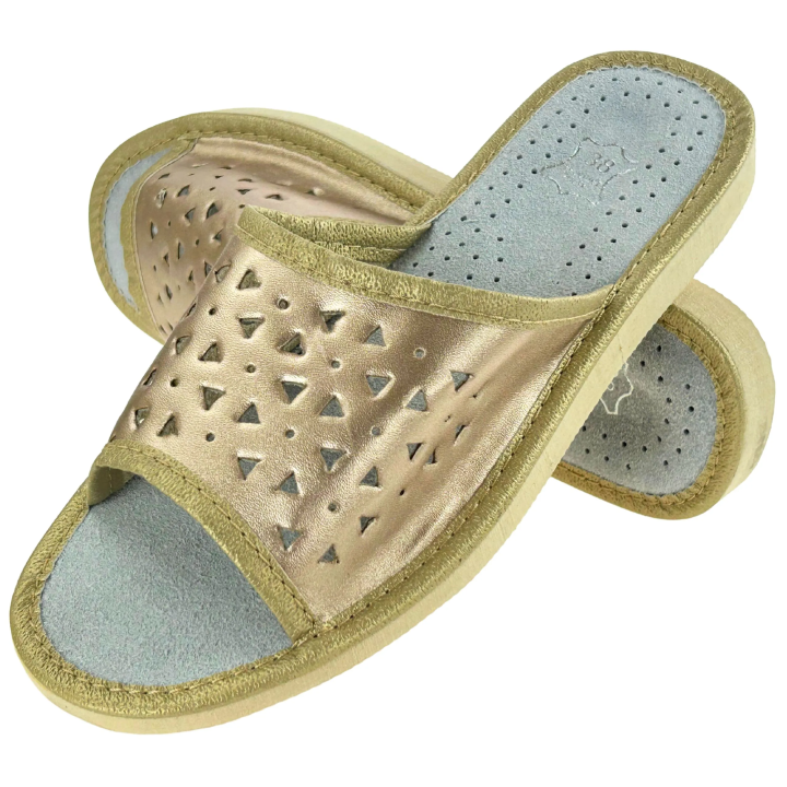 Złote kapcie skórzane damskie Wygodne pantofle góralskie - numer 463