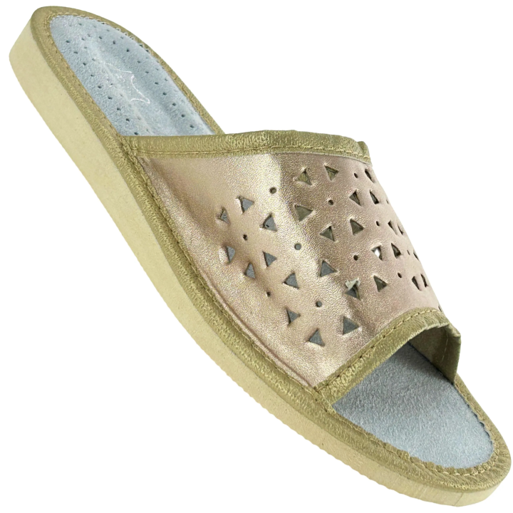 Złote kapcie skórzane damskie Wygodne pantofle góralskie - numer 463