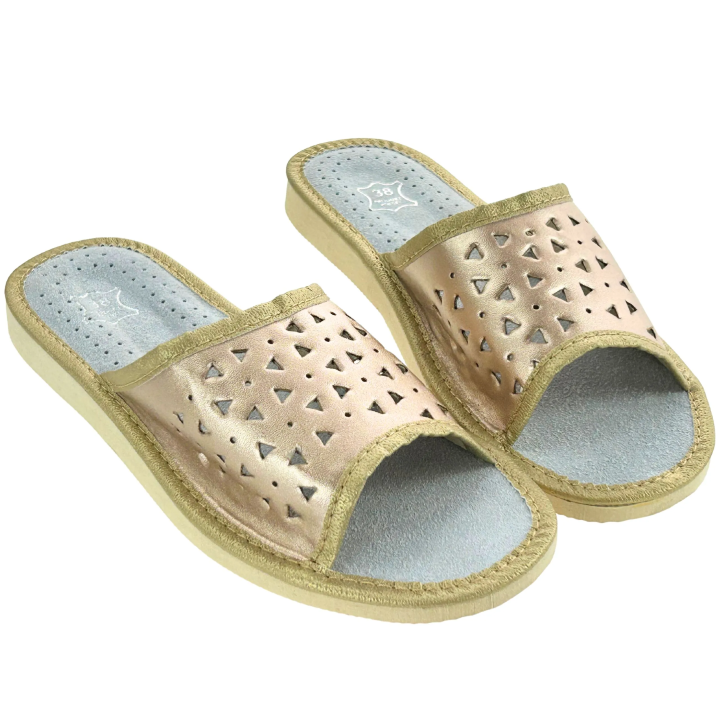 Złote kapcie skórzane damskie Wygodne pantofle góralskie - numer 463