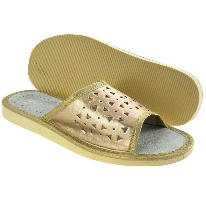 Złote kapcie skórzane damskie Wygodne pantofle góralskie - numer 463