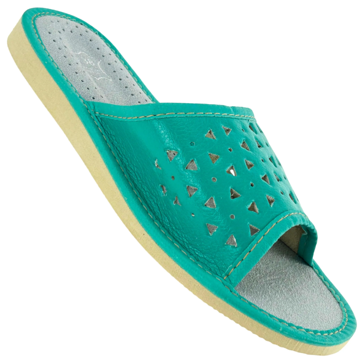 Zielone kapcie damskie domowe Kapcie damskie ze skórzaną wkładką - numer 466