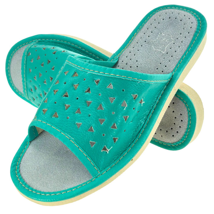 Zielone kapcie damskie domowe Kapcie damskie ze skórzaną wkładką - numer 466