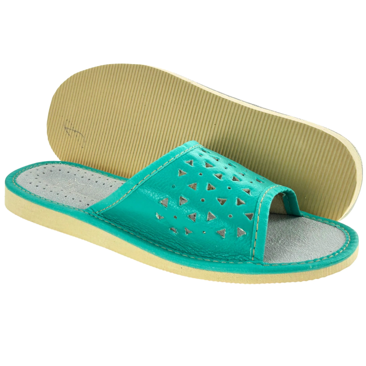 Zielone kapcie damskie domowe Kapcie damskie ze skórzaną wkładką - numer 466