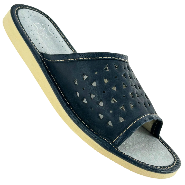 Ciemne kapcie damskie z skórzaną wkładką pantofle damskie domowe - numer 470