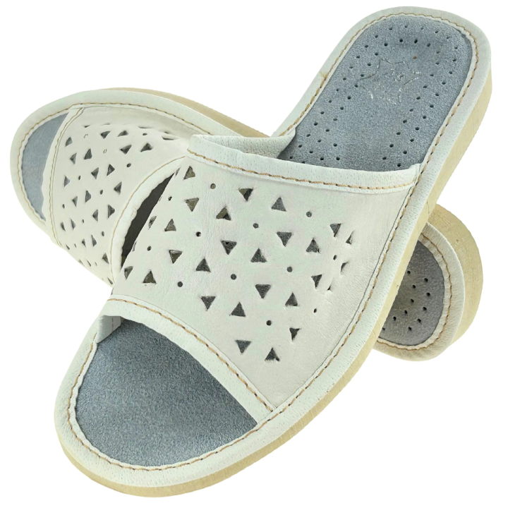 Białe skórzane kapcie, pantofle domowe damskie, kolorowe kapcie domowe - numer 292