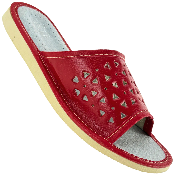 Czerwone skórzane kapcie, pantofle domowe damskie, kolorowe kapcie domowe - numer 293