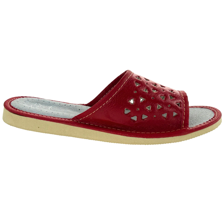 Czerwone skórzane kapcie, pantofle domowe damskie, kolorowe kapcie domowe - numer 293