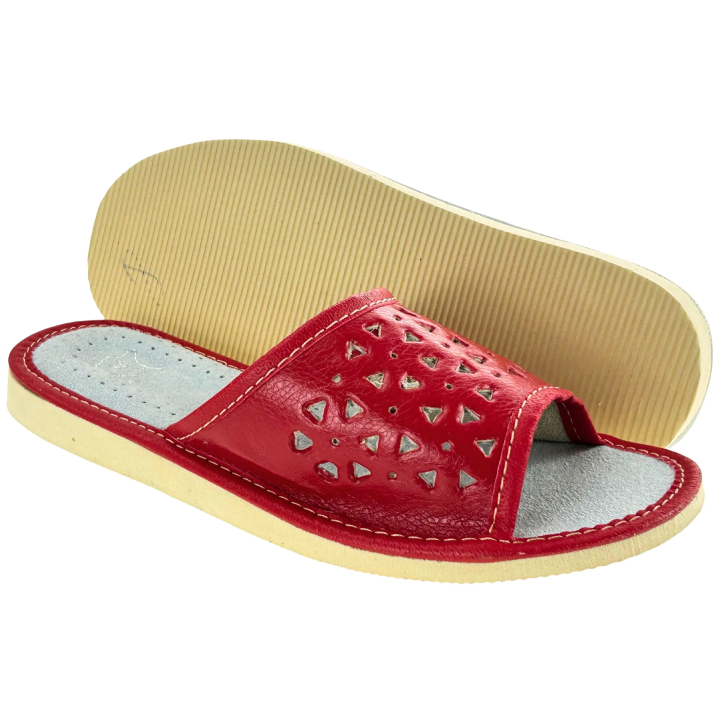 Czerwone skórzane kapcie, pantofle domowe damskie, kolorowe kapcie domowe - numer 293