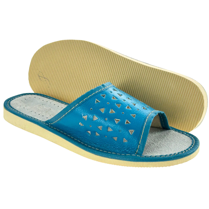 Niebieskie skórzane kapcie, pantofle domowe damskie, kolorowe kapcie domowe - numer 295