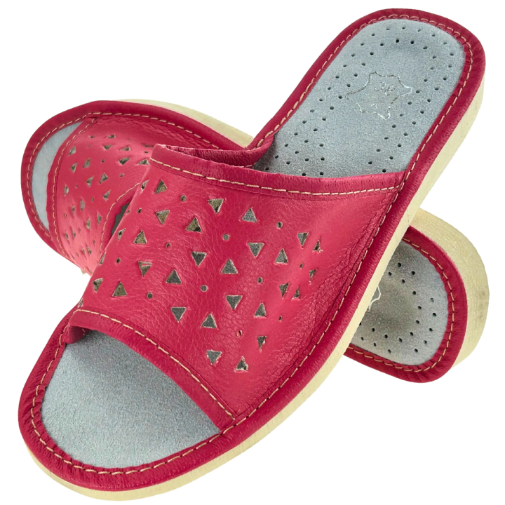 Różowe skórzane kapcie, pantofle domowe damskie, kolorowe kapcie domowe - numer 296