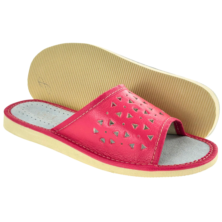 Różowe skórzane kapcie, pantofle domowe damskie, kolorowe kapcie domowe - numer 296